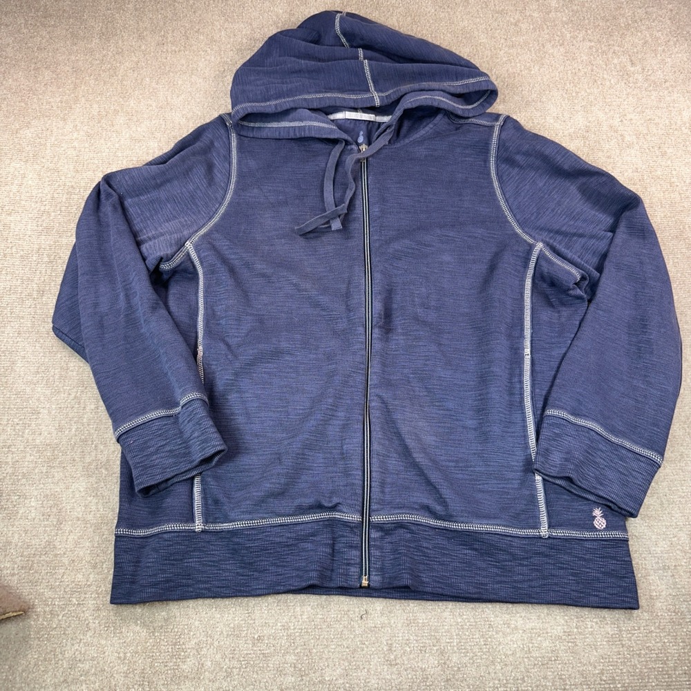 Tommy Bahama Mens XL Blue Slub Knit Full Zip Hoodie Contrast Stitch Pineapple